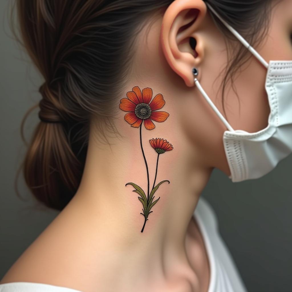 Minimalistic golden tattoo of a poppy with various blooming stages, artistically positioned behind the top of the ear.undefined