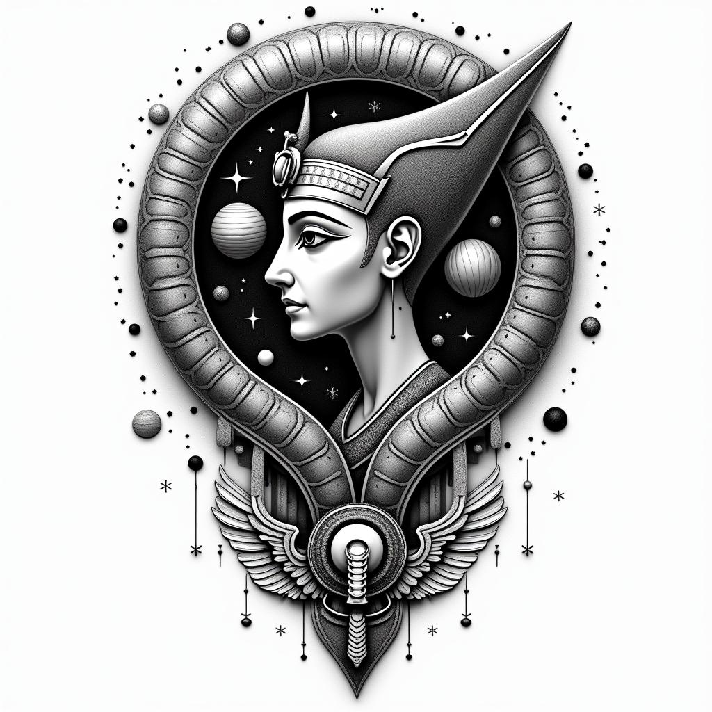 Spiral galaxy with stars and planetsin egyptian style tattoo, bold elements of ancient egyptian culture including a portrait of an Egyptian pharaoh with detailed facial features, in hieroglyphs and symbolic imagery, eye of horus, ankh symbol, scarab beetle - Variation 3