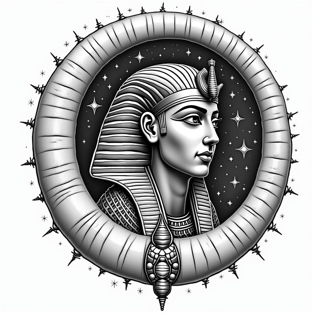 Spiral galaxy with stars and planetsin egyptian style tattoo, bold elements of ancient egyptian culture including a portrait of an Egyptian pharaoh with detailed facial features, in hieroglyphs and symbolic imagery, eye of horus, ankh symbol, scarab beetle - Variation 4