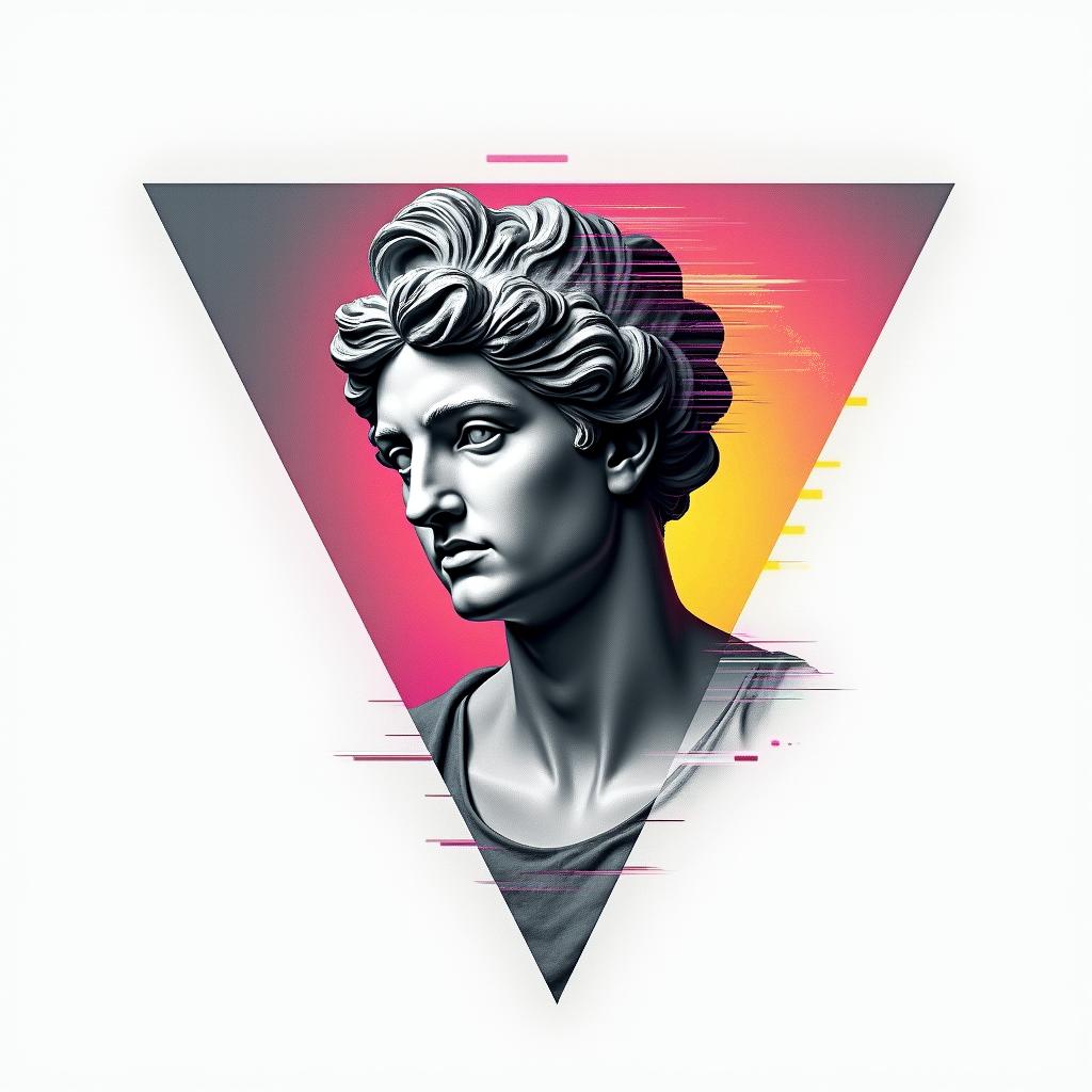 Simple triangle with a line throughin distorted and fragmented tattoo design, featuring a classical statue bust, in a glitch art style with vibrant, overlapping colors of cyan, magenta, and yellow, creating a digital distortion effect - Variation 4