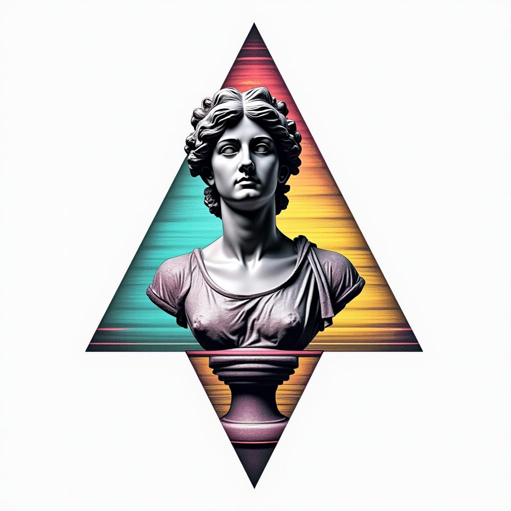 Simple triangle with a line throughin distorted and fragmented tattoo design, featuring a classical statue bust, in a glitch art style with vibrant, overlapping colors of cyan, magenta, and yellow, creating a digital distortion effect - Variation 2
