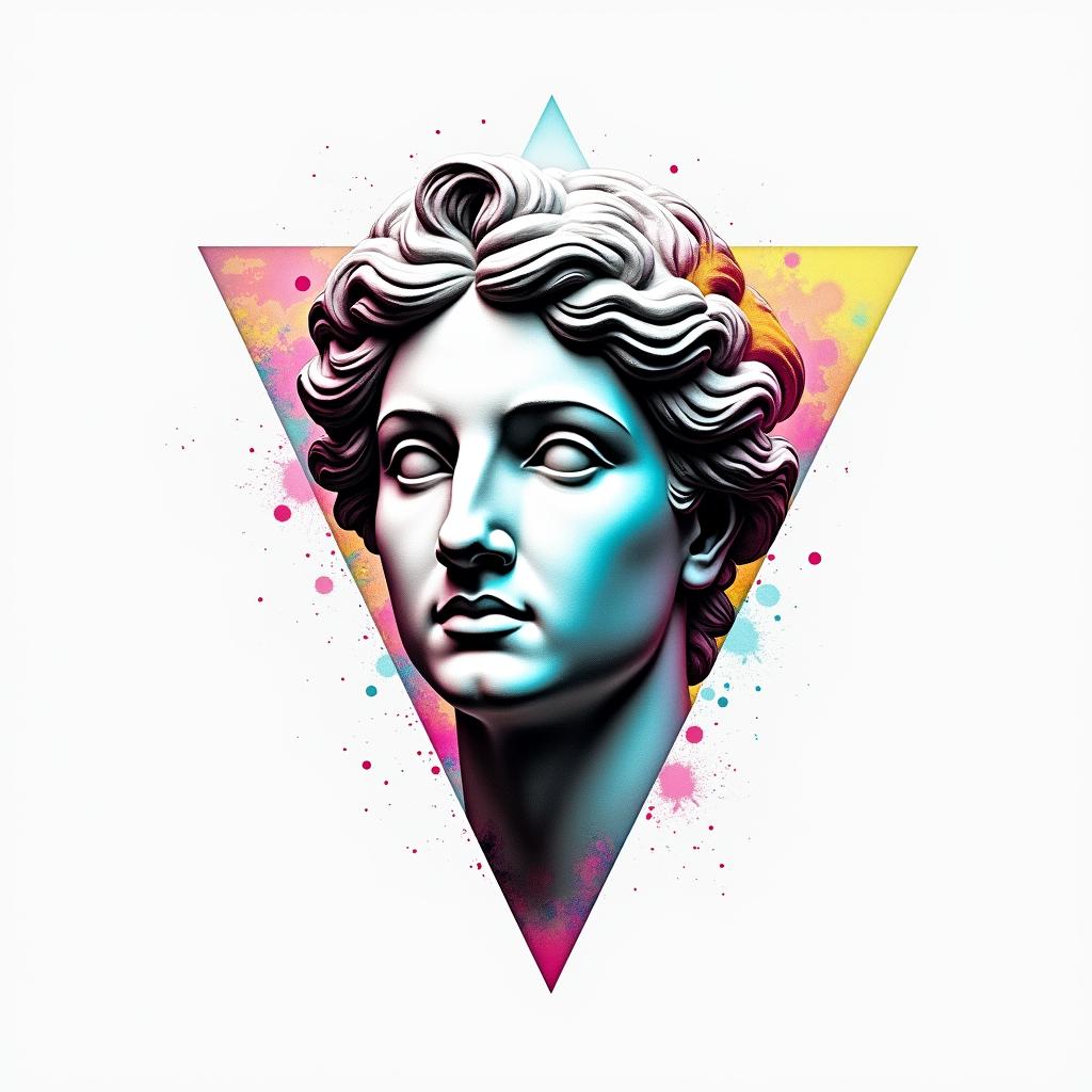 Simple triangle with a line throughin distorted and fragmented tattoo design, featuring a classical statue bust, in a glitch art style with vibrant, overlapping colors of cyan, magenta, and yellow, creating a digital distortion effect - Variation 3