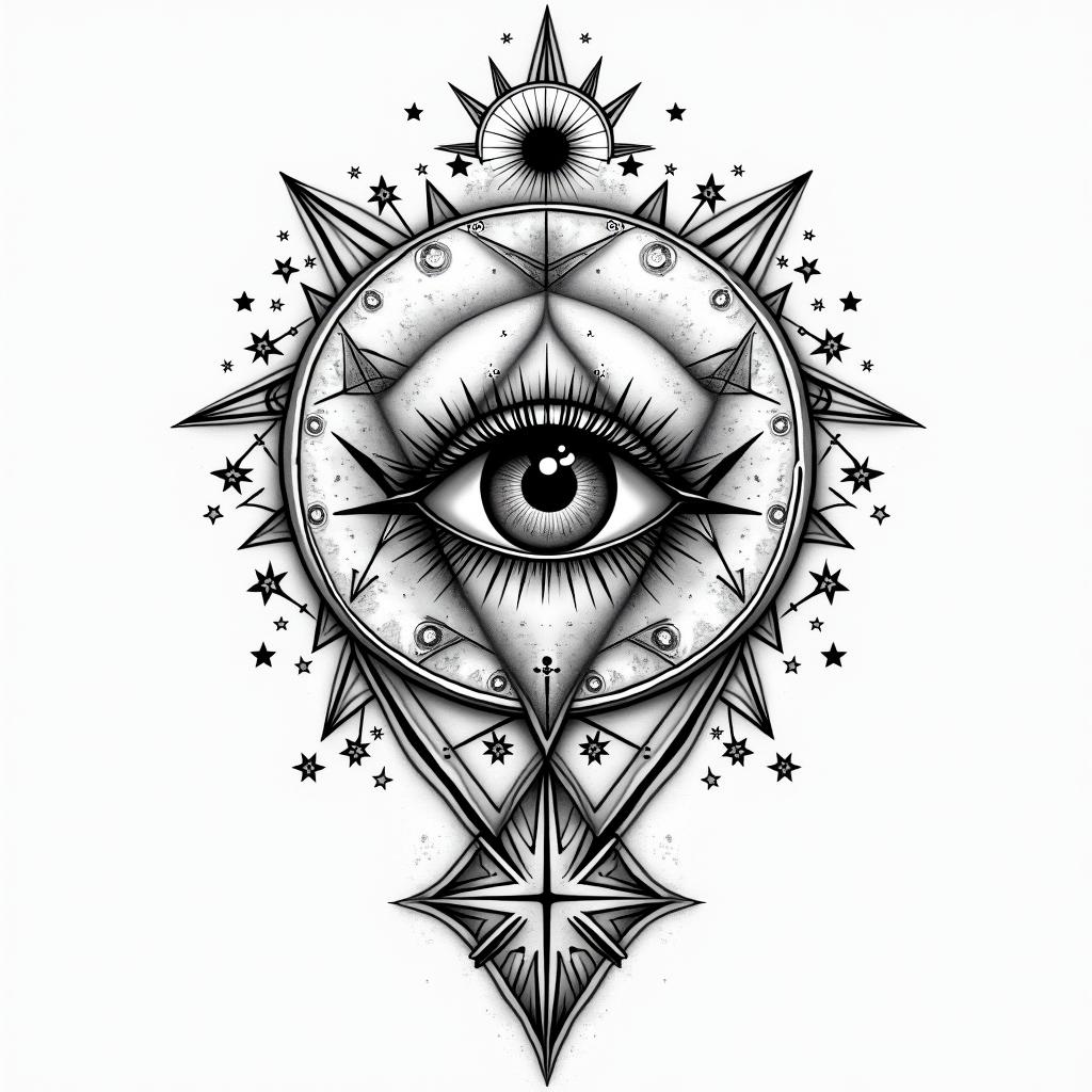 Bayonne Aquarius freedomin prophecy tattoo style, featuring mystical symbols, celestial imagery like stars, moons, suns, geometric patterns, foretelling elements, an eye of wisdom - Variation 3