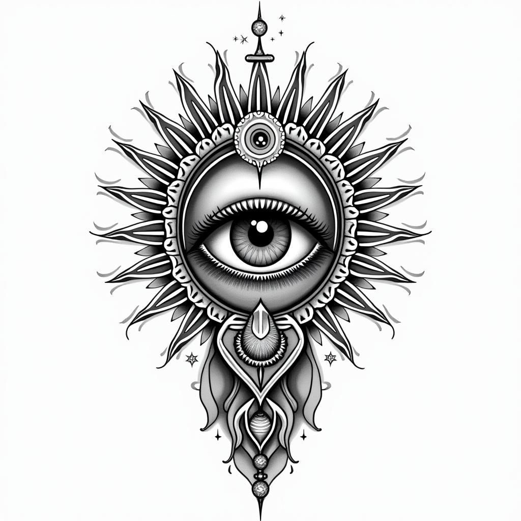Bayonne Aquarius freedomin prophecy tattoo style, featuring mystical symbols, celestial imagery like stars, moons, suns, geometric patterns, foretelling elements, an eye of wisdom