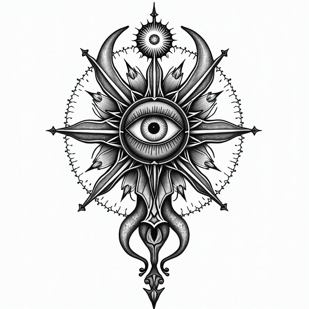 Bayonne Aquarius freedomin prophecy tattoo style, featuring mystical symbols, celestial imagery like stars, moons, suns, geometric patterns, foretelling elements, an eye of wisdom - Variation 4