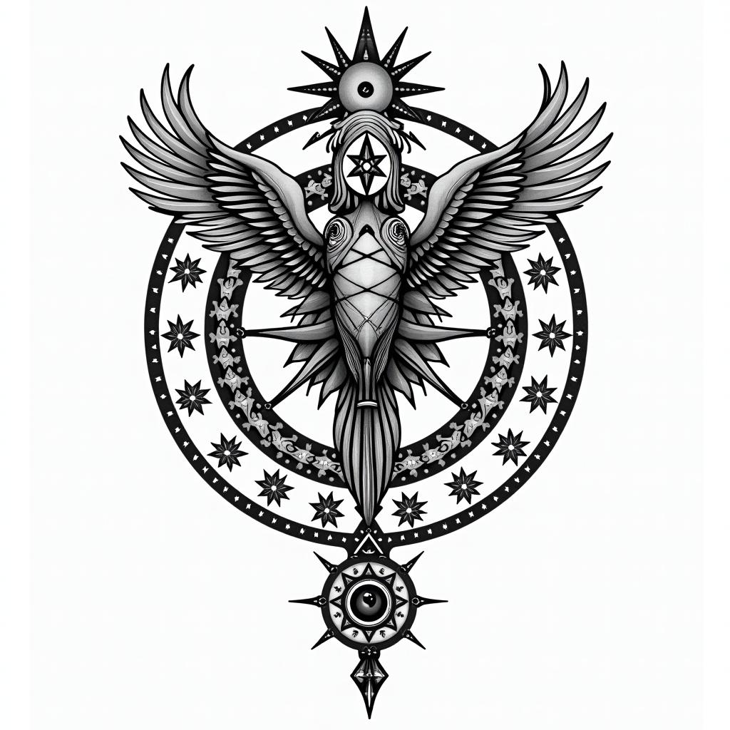 Bayonne Aquarius freedomin prophecy tattoo style, featuring mystical symbols, celestial imagery like stars, moons, suns, geometric patterns, foretelling elements, an eye of wisdom - Variation 2