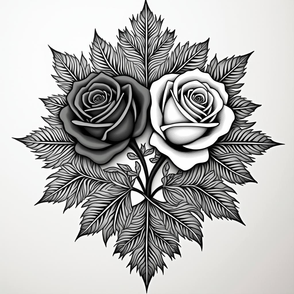 A tattoo design featuring two intertwined black and white roses, symbolizing love, loss, and the bond with a son and a dog. Intricate Māori patterns surround the roses, seamlessly woven together, with the word सन्तोष (Santosha) artistically integrated, representing living in the moment.undefined