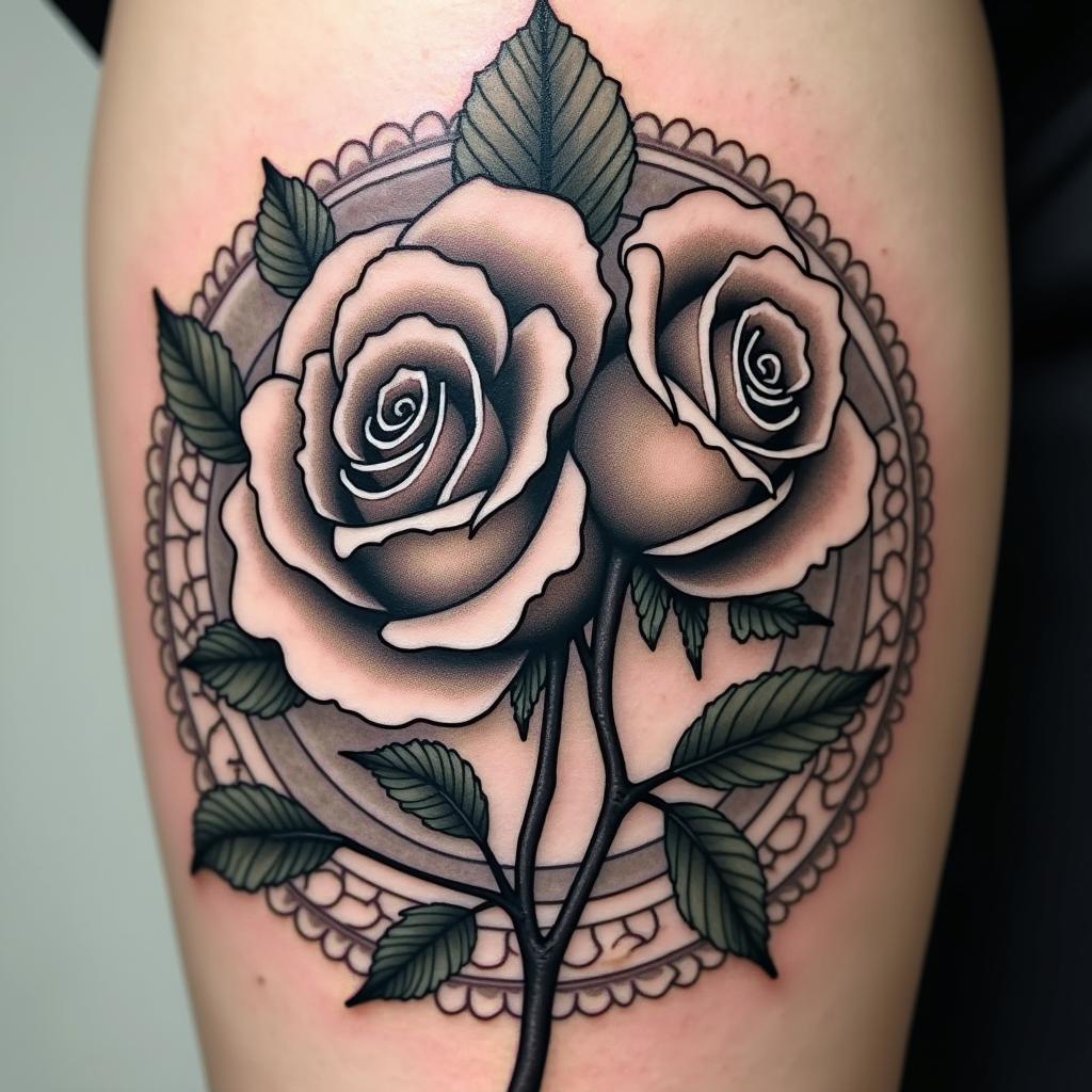 A detailed tattoo of two black and white roses intertwined, symbolizing profound love and loss. Intricate Māori patterns surround them, with the word सन्तोष (Santosha) woven into the design, conveying depth and significance.undefined