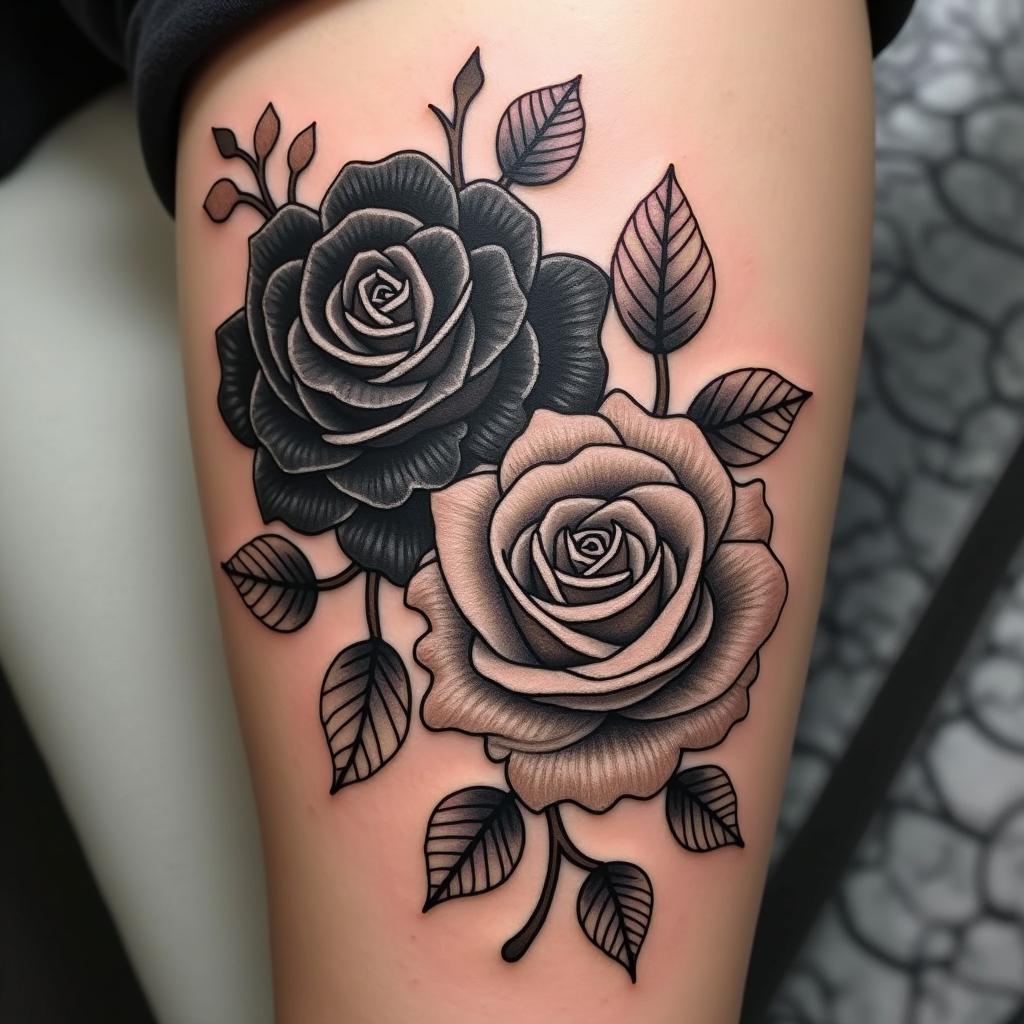 A tattoo featuring entwined black and white roses symbolizing love and loss, complemented by rich Māori patterns. The word सन्तोष (Santosha) is beautifully incorporated, enhancing the tattoo's meaningful message.undefined
