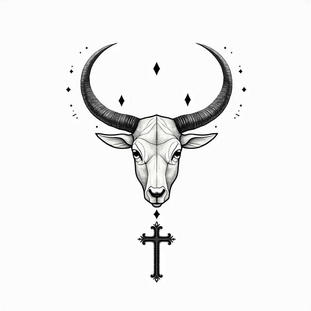 Taurus symbol and a rosaryin minimalist style tattoo, featuring simple shapes and fine lines, with minimal shading and details, tiny triangles, creating a sense of balance and harmony - Variation 3