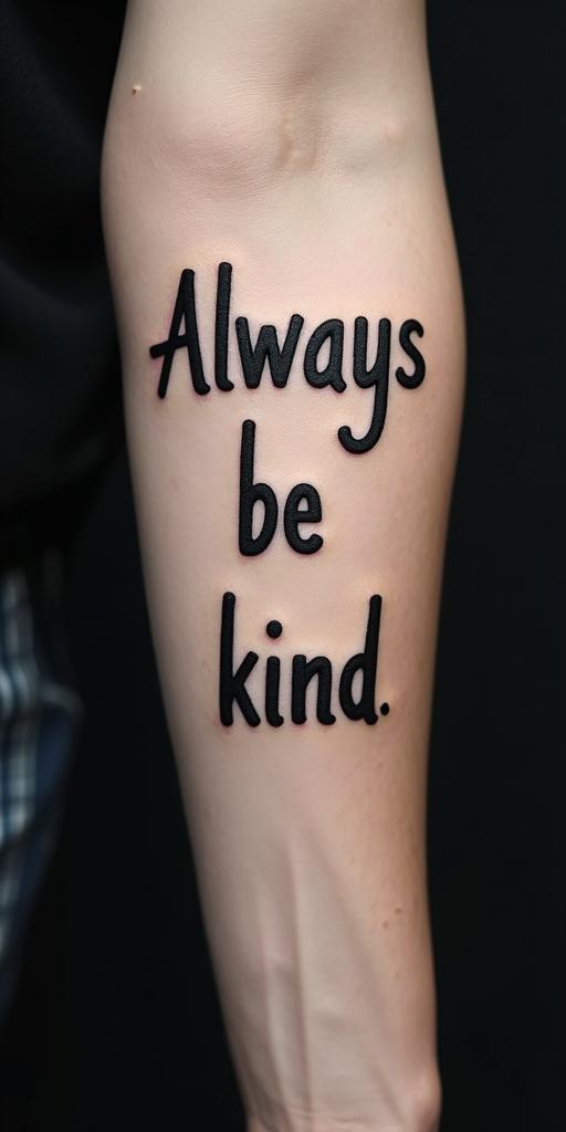 "Always be kind", gothic font, minimalistic, font creativity, imaginative, eye catching, non generic, sensiblehigly detailed tattoo