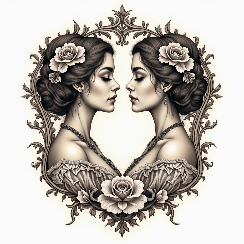 Create a tattoo that has the names Aris and Vadain victorian style tattoo, featuring vintage and elegant elements, ornate frames, roses, antique, sepia-toned color scheme