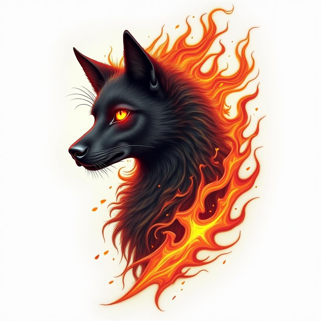 Zorro animalin flame tattoo style showcasing fiery elements with dynamic flame patterns, glowing effect of flames, natural colors
