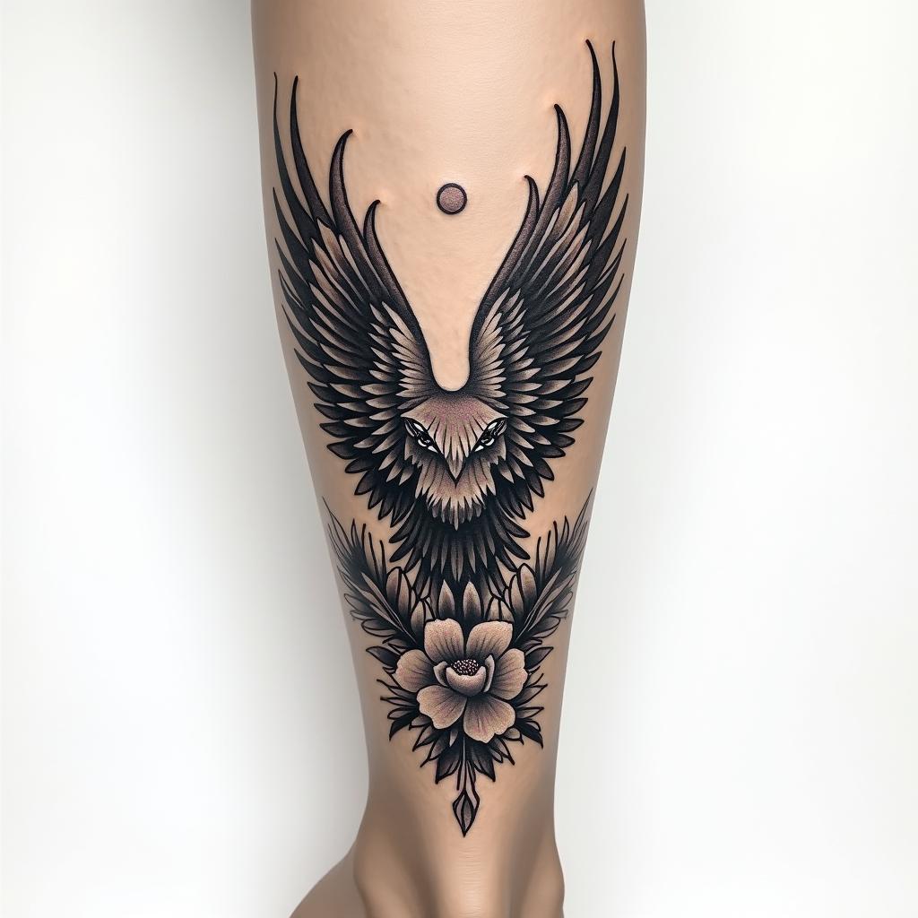 Wing tattoo on ankle/legin authentic tattoo style, incorporating traditional modifications, bold black outlines, solid color fills, featuring classic authentic elements - Variation 2
