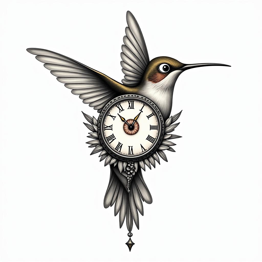 Hummingbird holding a clock with a writing carpe diem. It needs to be in colour as it will blend with black and grey peonies I have on the top and a red and yellow tattoo I have at the backin spiritual symbols tattoo style, featuring an intricate design incorporating elements, Hamsa hand, third eye, minimalist composition - Variation 3