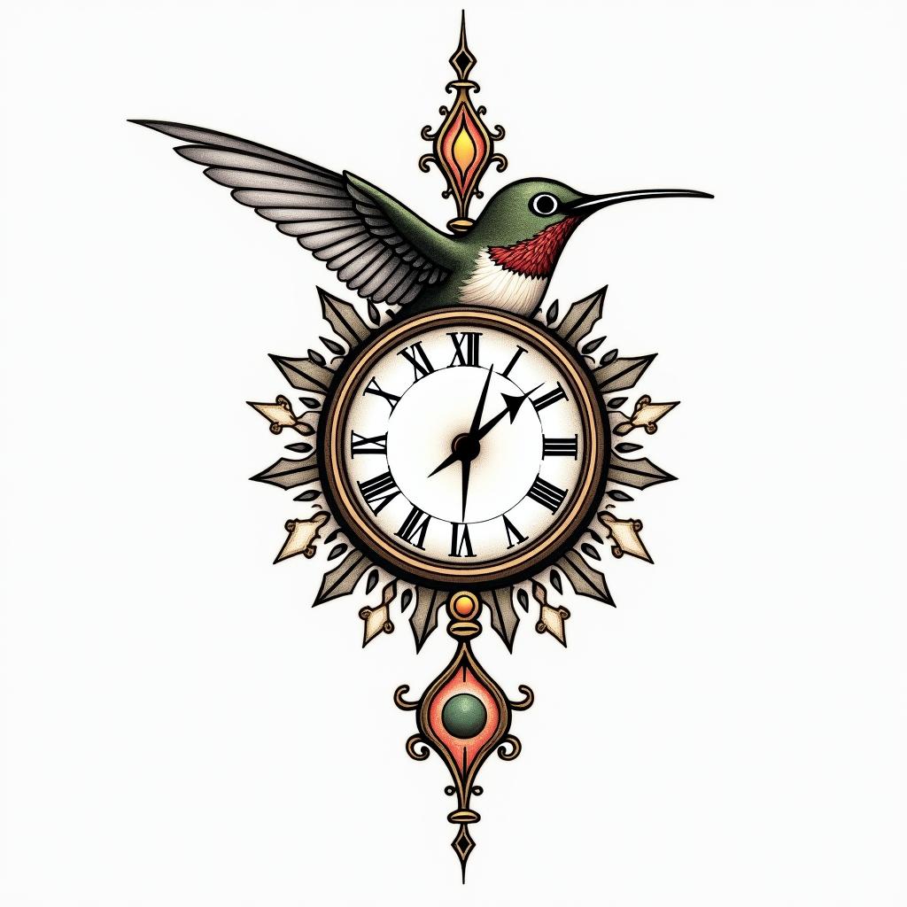 Hummingbird holding a clock with a writing carpe diem. It needs to be in colour as it will blend with black and grey peonies I have on the top and a red and yellow tattoo I have at the backin spiritual symbols tattoo style, featuring an intricate design incorporating elements, Hamsa hand, third eye, minimalist composition - Variation 4