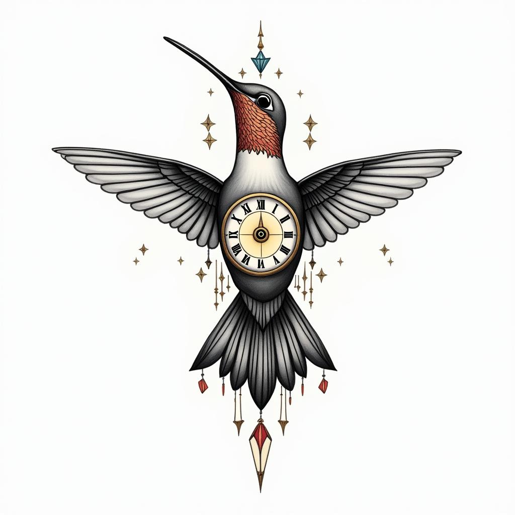 Hummingbird holding a clock with a writing carpe diem. It needs to be in colour as it will blend with black and grey peonies I have on the top and a red and yellow tattoo I have at the backin spiritual symbols tattoo style, featuring an intricate design incorporating elements, Hamsa hand, third eye, minimalist composition - Variation 2