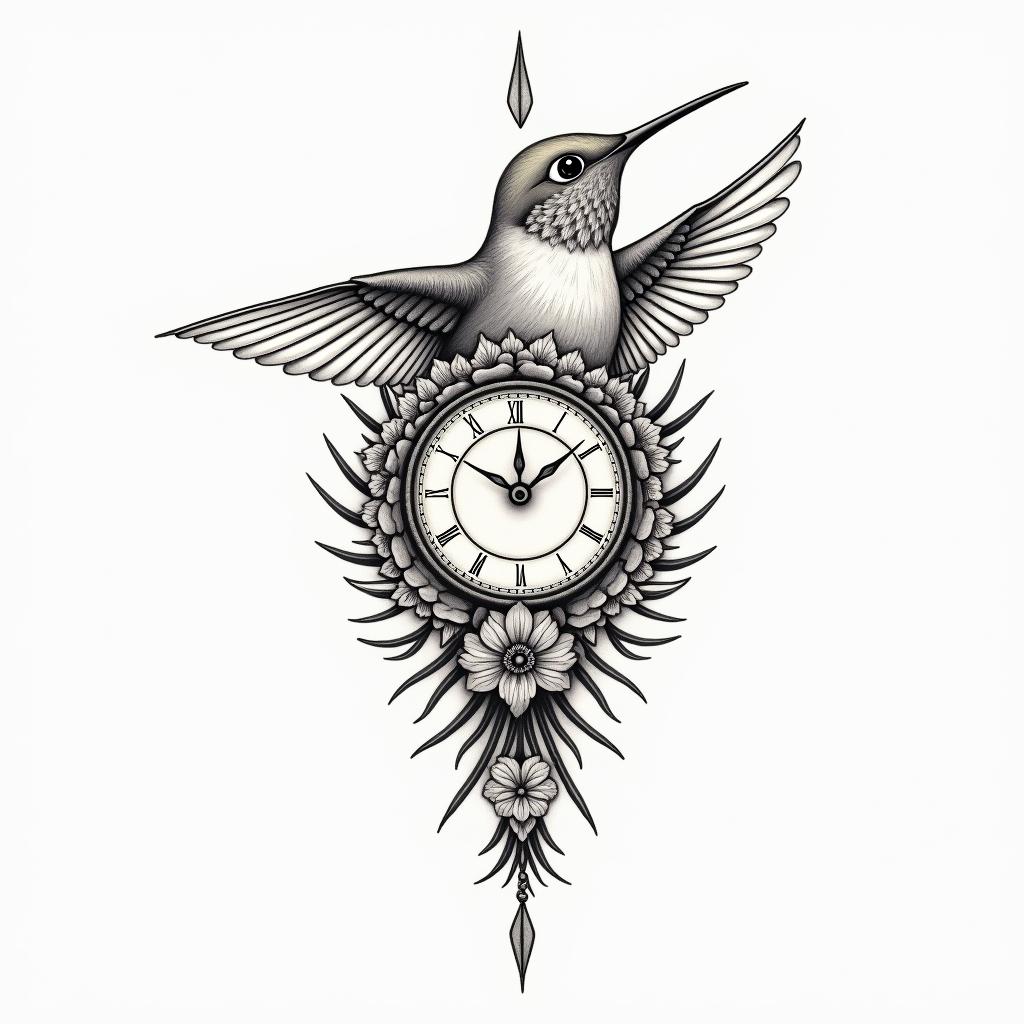 Hummingbird holding a clock with a writing carpe diem. It needs to be in colour as it will blend with black and grey peonies I have on the top and a red and yellow tattoo I have at the backin spiritual symbols tattoo style, featuring an intricate design incorporating elements, Hamsa hand, third eye, minimalist composition - Variation 1