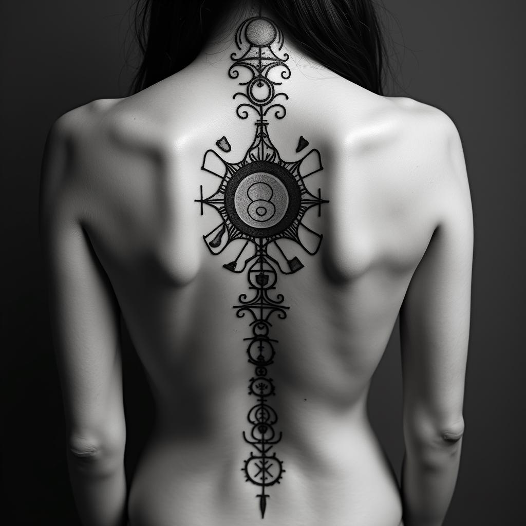 Virgoin paganic style tattoo, featuring ancient symbols, add vegvisir symbol, mystical figures, incorporating designs, pentagrams, runes, crescent moons, - Variation 2