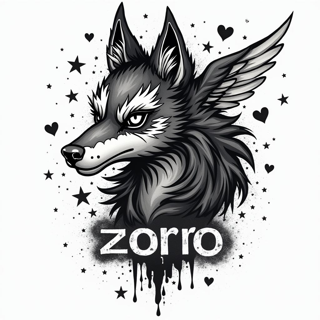 Zorro animalin graffiti style tattoo, featuring bold and dynamic street art elements, spray-paint texture with exaggerated lines and expressive, chaotic brushstrokes, intricate lettering incorporated with graffiti tags, symbols like hearts, stars, and wings
