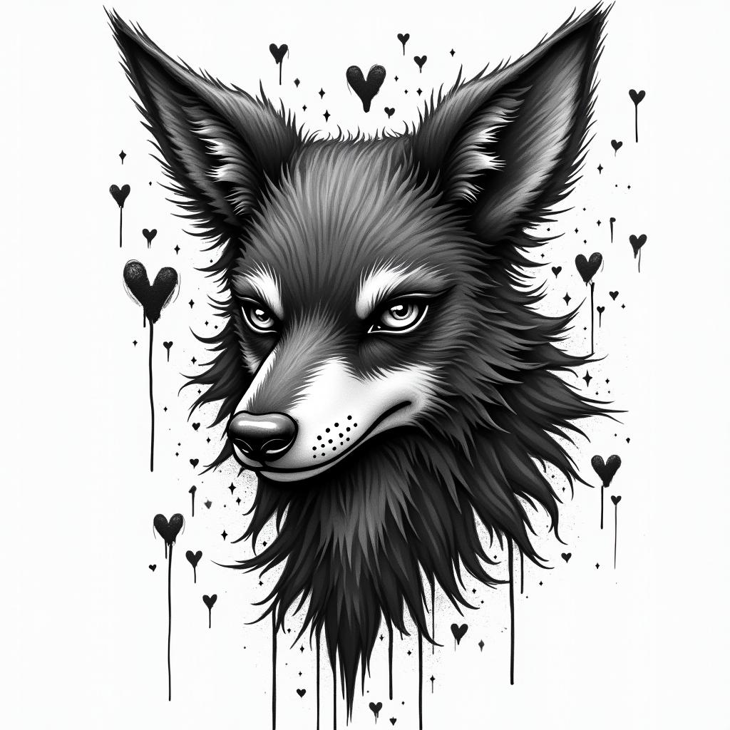 Zorro animalin graffiti style tattoo, featuring bold and dynamic street art elements, spray-paint texture with exaggerated lines and expressive, chaotic brushstrokes, intricate lettering incorporated with graffiti tags, symbols like hearts, stars, and wings - Variation 3