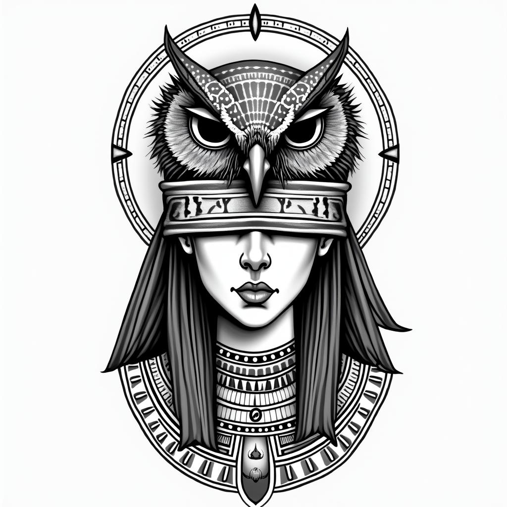 A woman with a blindfold and the face of an owl above her head.in egyptian style tattoo, bold elements of ancient egyptian culture including a portrait of an Egyptian pharaoh with detailed facial features, in hieroglyphs and symbolic imagery, eye of horus, ankh symbol, scarab beetle