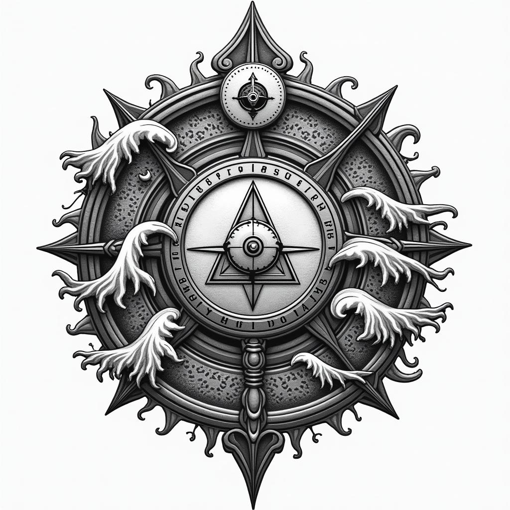 Compass surrounded by ocean wavesin paganic style tattoo, featuring ancient symbols, add vegvisir symbol, mystical figures, incorporating designs, pentagrams, runes, crescent moons, - Variation 3