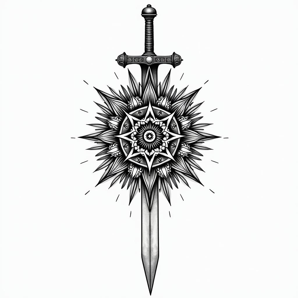 A crown 👑 whit a sword trhu itin dotwork style tattoo, complex mandala patterns, interlocking geometric shapes with sharp symmetry, clean lines, sharp angles - Variation 2