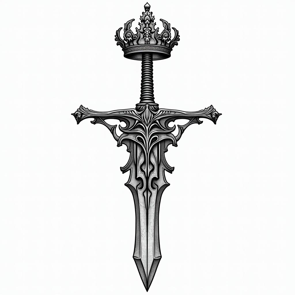 A crown 👑 whit a sword trhu itin dotwork style tattoo, complex mandala patterns, interlocking geometric shapes with sharp symmetry, clean lines, sharp angles