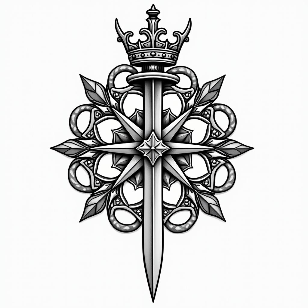 A crown 👑 whit a sword trhu itin dotwork style tattoo, complex mandala patterns, interlocking geometric shapes with sharp symmetry, clean lines, sharp angles - Variation 3