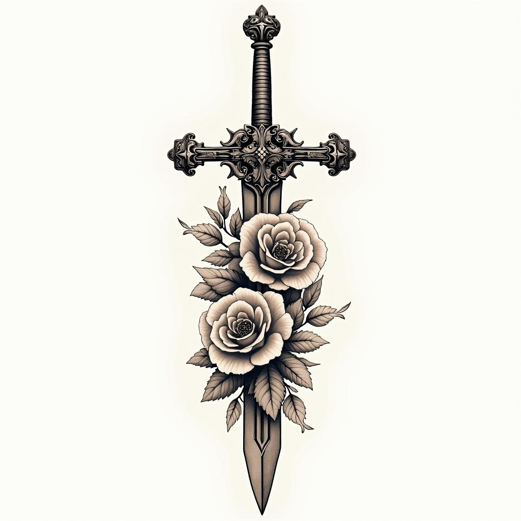 Sword with cross as main handlein victorian style tattoo, featuring vintage and elegant elements, ornate frames, roses, antique, sepia-toned color scheme - Variation 3