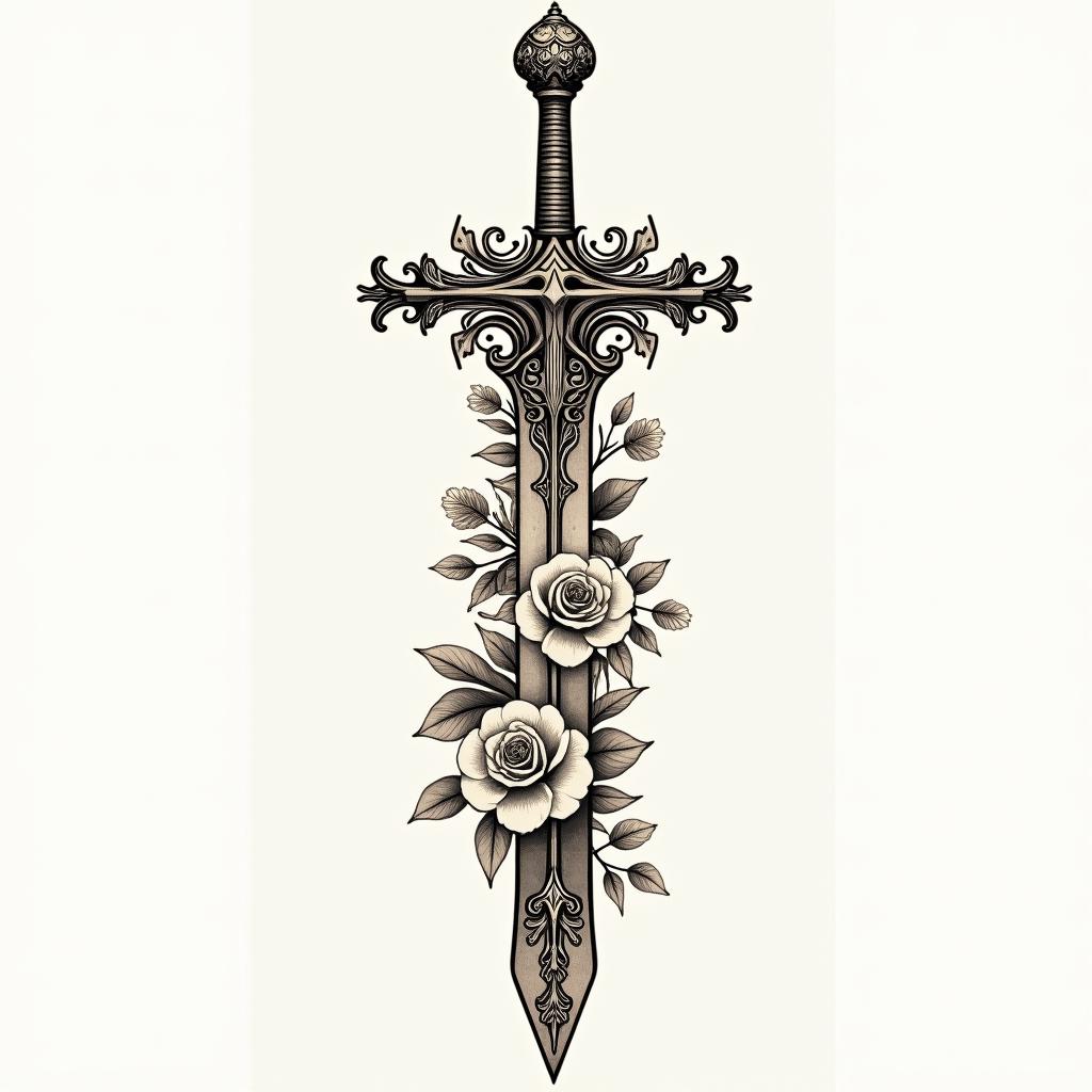 Sword with cross as main handlein victorian style tattoo, featuring vintage and elegant elements, ornate frames, roses, antique, sepia-toned color scheme - Variation 2
