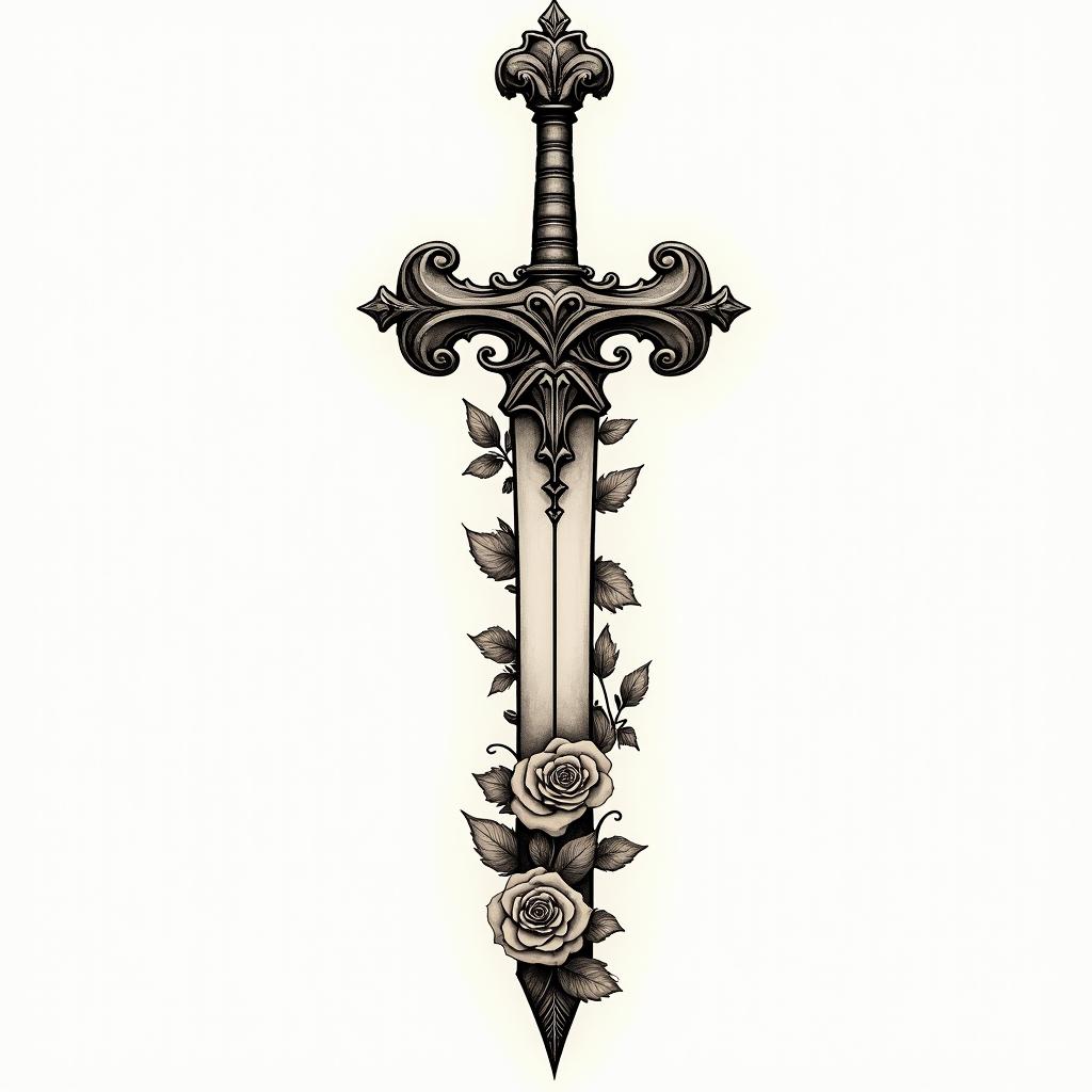 Sword with cross as main handlein victorian style tattoo, featuring vintage and elegant elements, ornate frames, roses, antique, sepia-toned color scheme