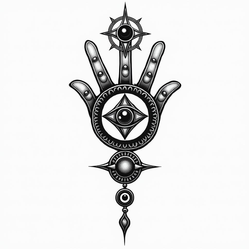 Gypsy lifein spiritual symbols tattoo style, featuring an intricate design incorporating elements, Hamsa hand, third eye, minimalist composition