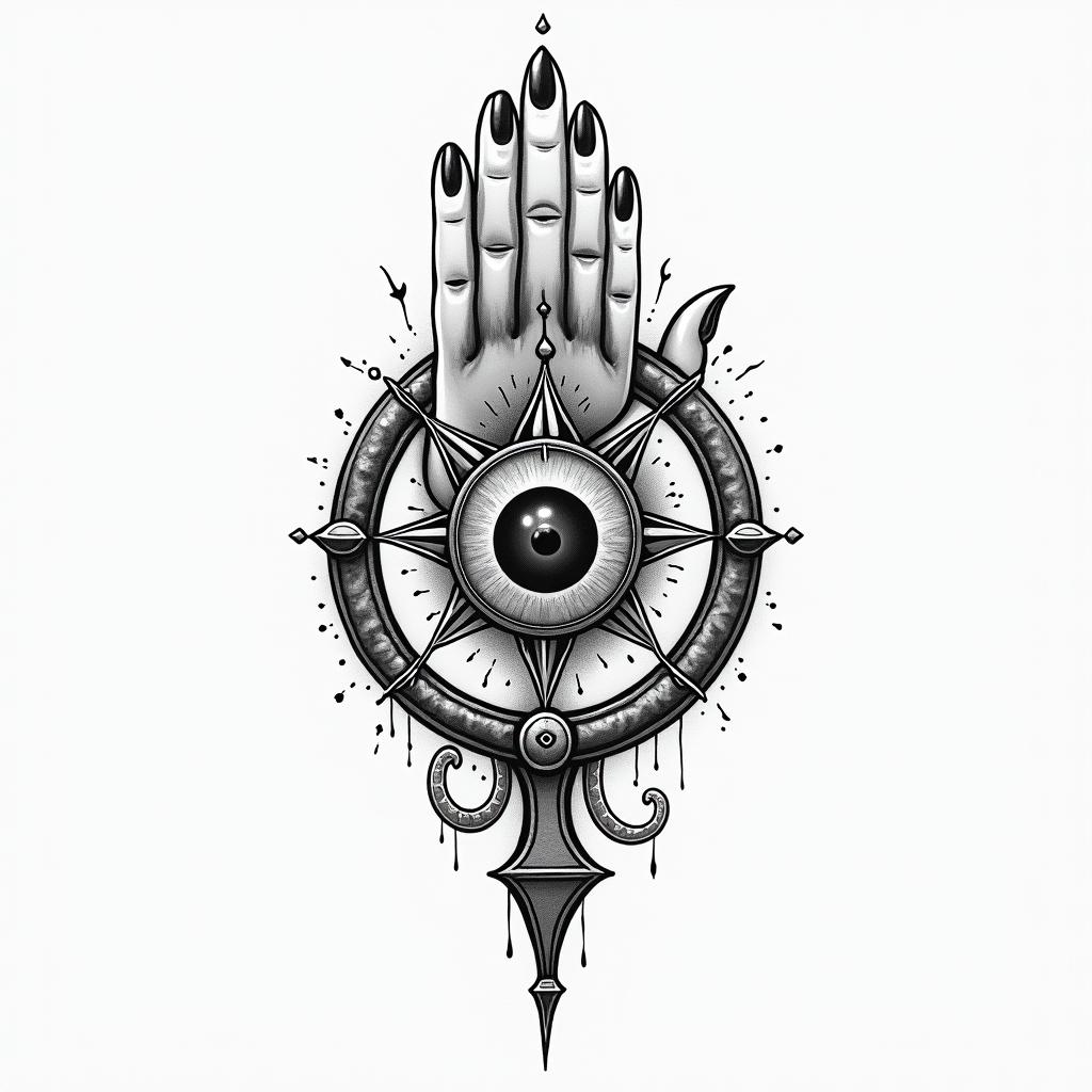 Gypsy lifein spiritual symbols tattoo style, featuring an intricate design incorporating elements, Hamsa hand, third eye, minimalist composition - Variation 4
