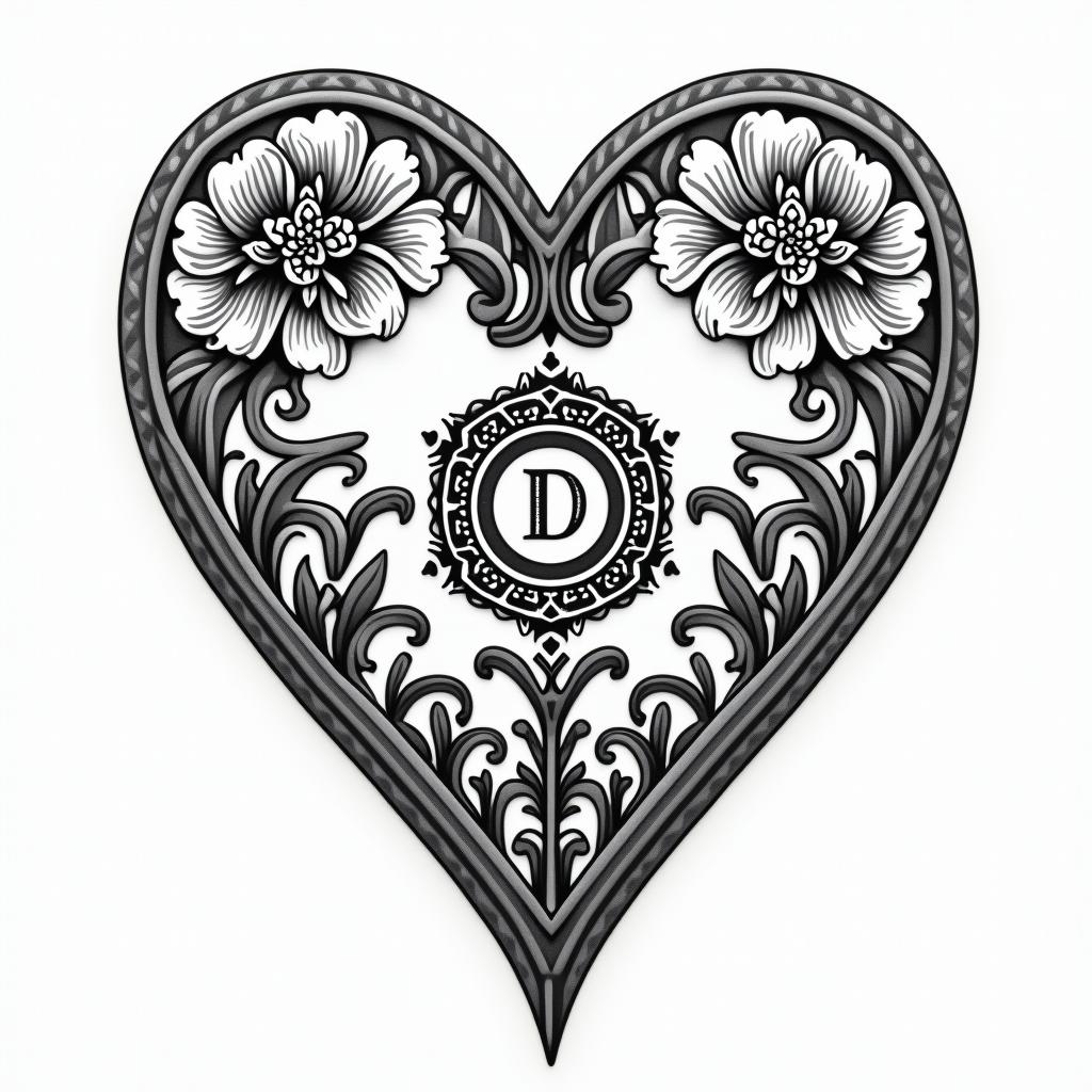 Fire Department Heartin ornamental tattoo style, featuring intricate symmetrical patterns and floral designs, showcasing highly detailed line work and geometric shapes, creating a sense of elegance and balance - Variation 4