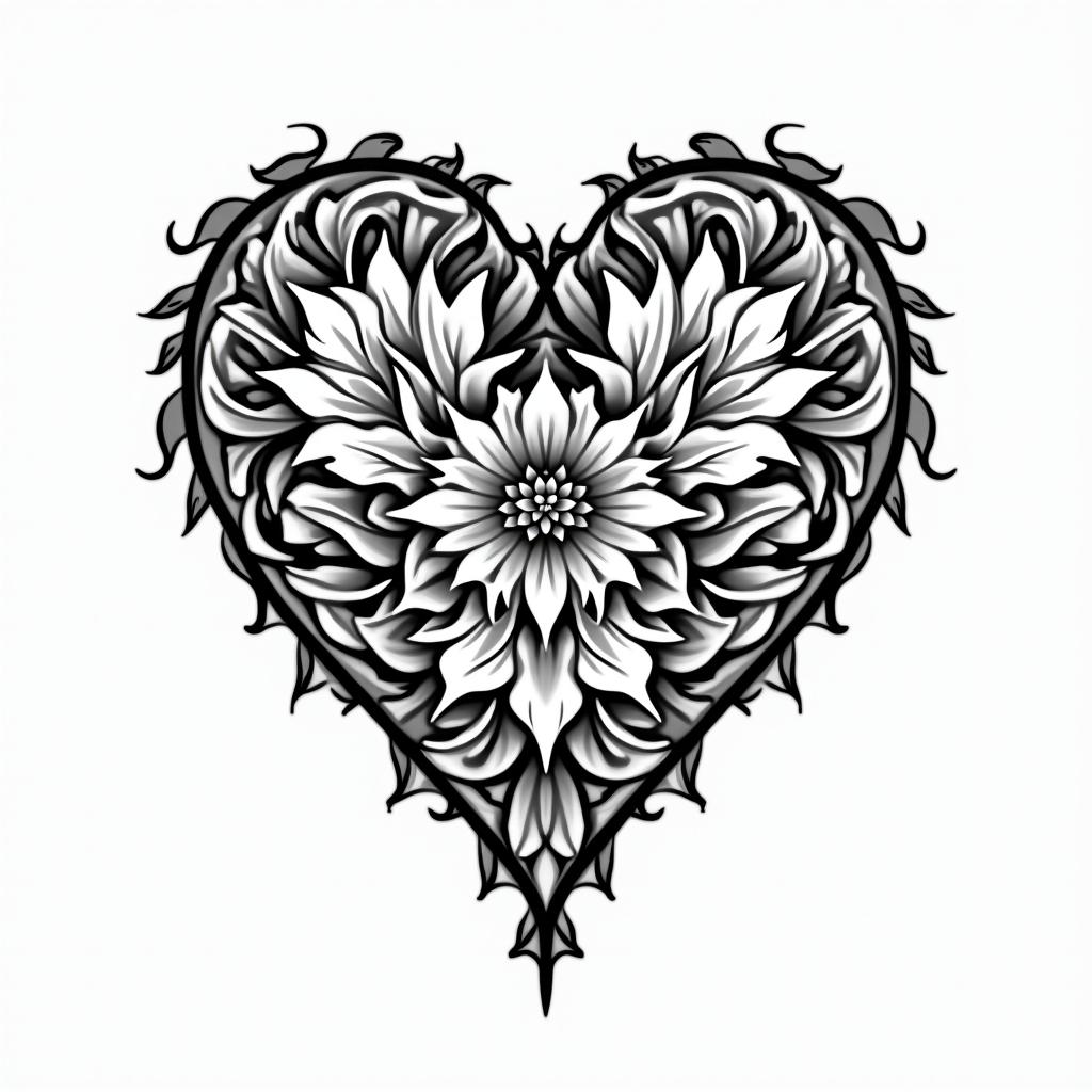 Fire Department Heartin ornamental tattoo style, featuring intricate symmetrical patterns and floral designs, showcasing highly detailed line work and geometric shapes, creating a sense of elegance and balance - Variation 2