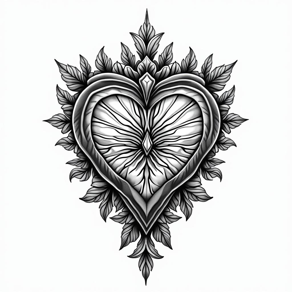 Fire Department Heartin ornamental tattoo style, featuring intricate symmetrical patterns and floral designs, showcasing highly detailed line work and geometric shapes, creating a sense of elegance and balance
