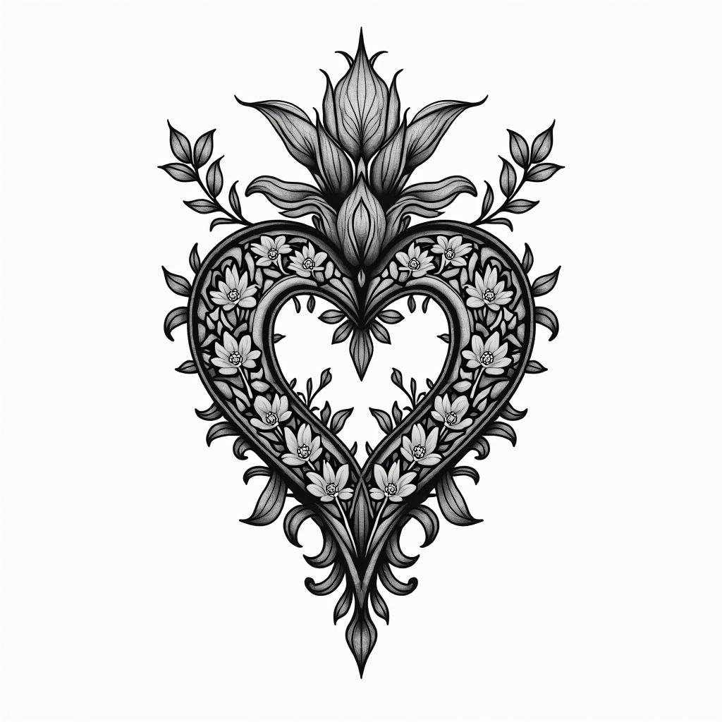 Fire Department Heartin ornamental tattoo style, featuring intricate symmetrical patterns and floral designs, showcasing highly detailed line work and geometric shapes, creating a sense of elegance and balance - Variation 3