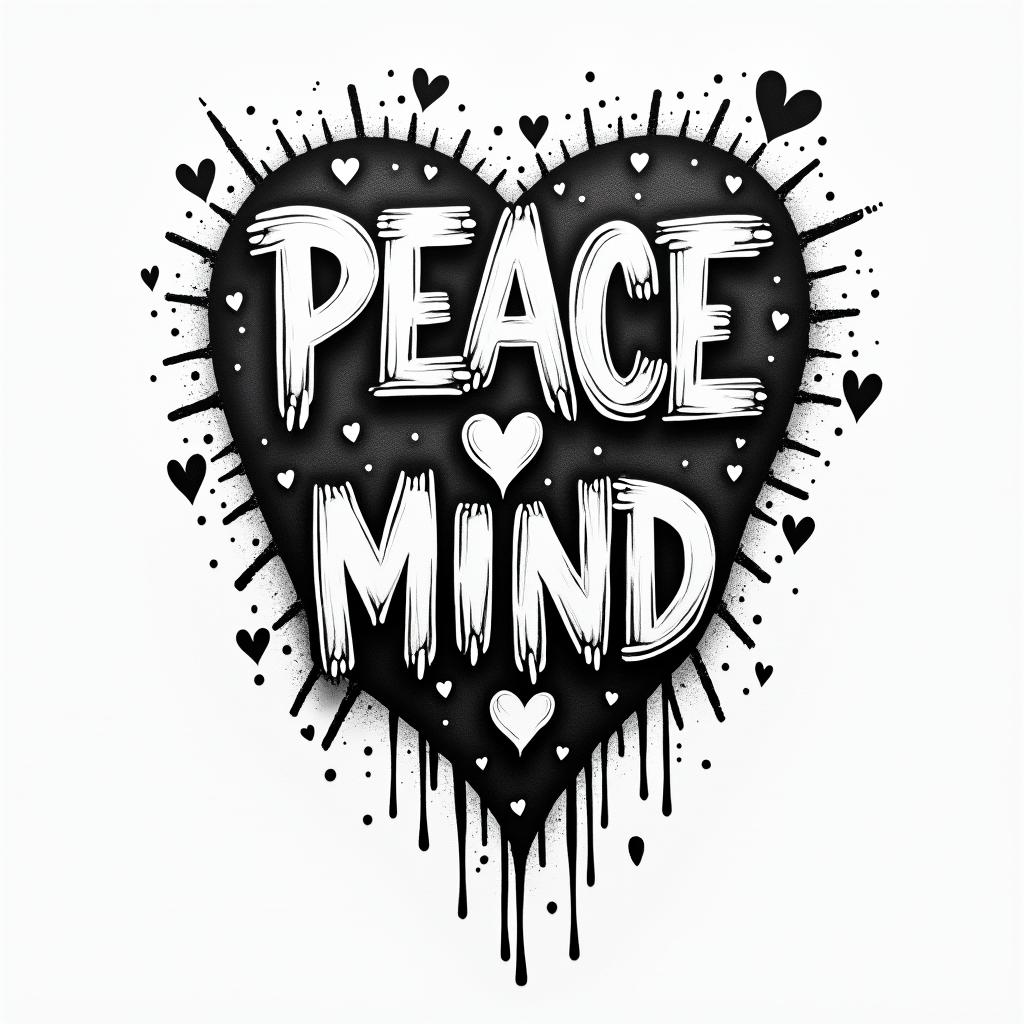 Peace of mindin graffiti style tattoo, featuring bold and dynamic street art elements, spray-paint texture with exaggerated lines and expressive, chaotic brushstrokes, intricate lettering incorporated with graffiti tags, symbols like hearts, stars, and wings - Variation 2