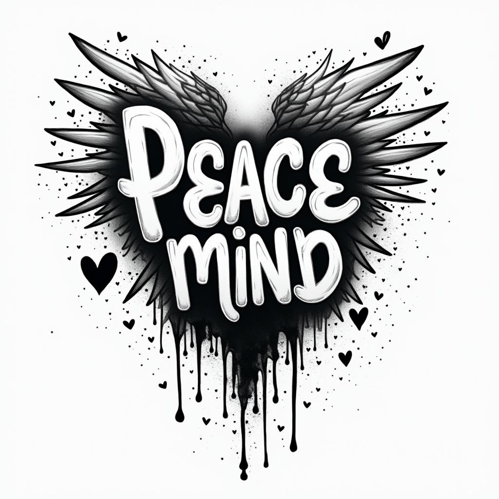 Peace of mindin graffiti style tattoo, featuring bold and dynamic street art elements, spray-paint texture with exaggerated lines and expressive, chaotic brushstrokes, intricate lettering incorporated with graffiti tags, symbols like hearts, stars, and wings - Variation 3