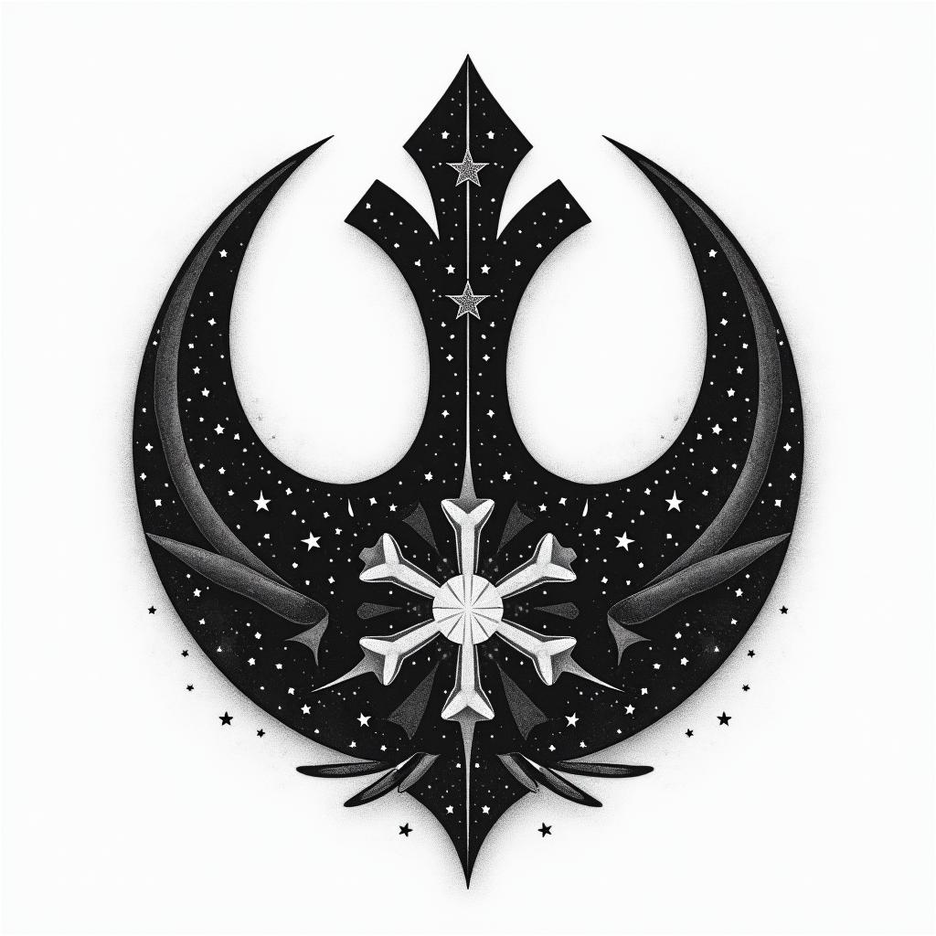 Rebel alliance symbol from star wars
3" round ish
Clean and sharp
black and grey
add some stars
include star wars imagery but not in a way that overwhelms the rebel alliance symbol
not generic - feel free to be unique and weird
make it a little more feminine 
i'd like to see more subtle star wars imagery
it doesn't need a border
in authentic tattoo style, incorporating traditional modifications, bold black outlines, solid color fills, featuring classic authentic elements - Variation 3