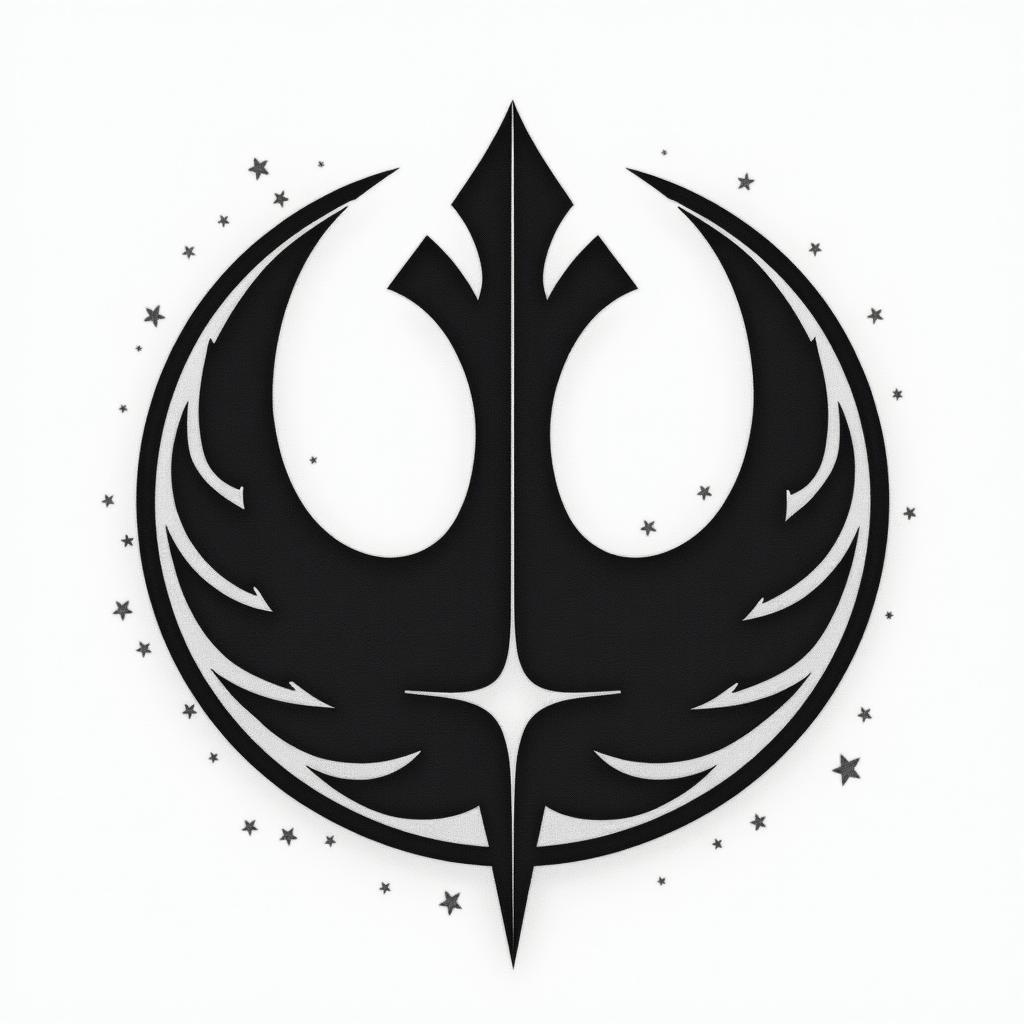 Rebel alliance symbol from star wars
3" round ish
Clean and sharp
black and grey
add some stars
include star wars imagery but not in a way that overwhelms the rebel alliance symbol
not generic - feel free to be unique and weird
make it a little more feminine 
i'd like to see more subtle star wars imagery
it doesn't need a border
in authentic tattoo style, incorporating traditional modifications, bold black outlines, solid color fills, featuring classic authentic elements