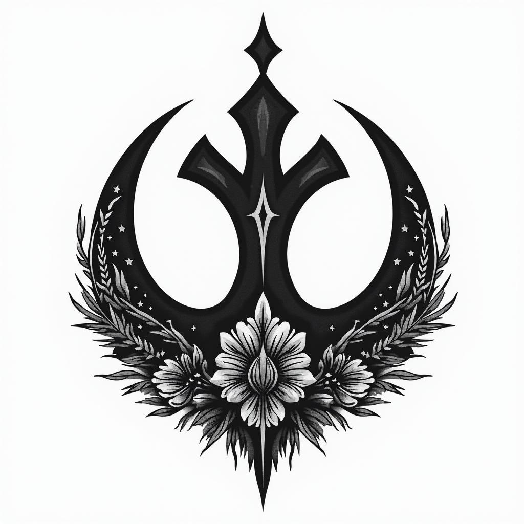 Rebel alliance symbol from star wars
3" round ish
Clean and sharp
black and grey
add some stars
include star wars imagery but not in a way that overwhelms the rebel alliance symbol
not generic - feel free to be unique and weird
make it a little more feminine 
i'd like to see more subtle star wars imagery
it doesn't need a border
in authentic tattoo style, incorporating traditional modifications, bold black outlines, solid color fills, featuring classic authentic elements - Variation 2