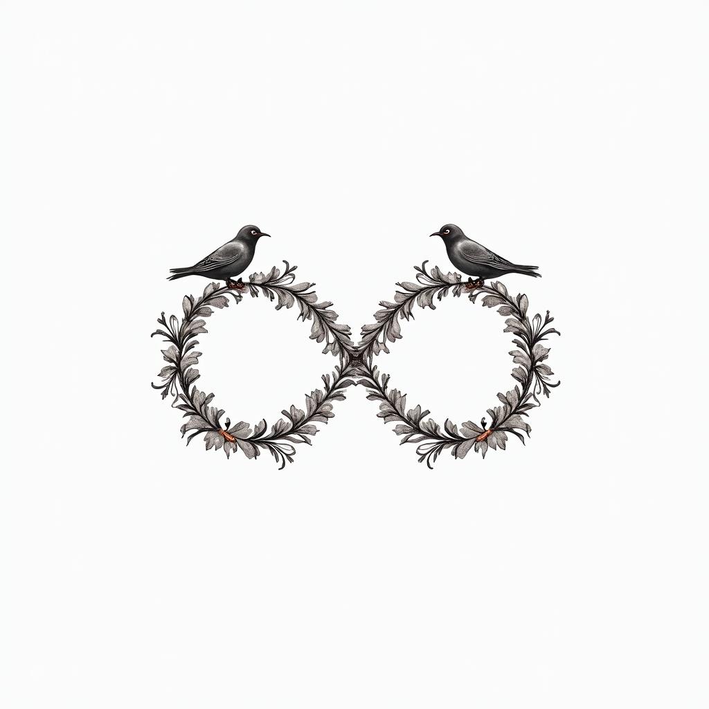 Infinity loop with the names Haley, Gabby, Kal-El & Arthur. Add flowers, 2 birds and color.in minimalist style tattoo, featuring simple shapes and fine lines, with minimal shading and details, tiny triangles, creating a sense of balance and harmony - Variation 5