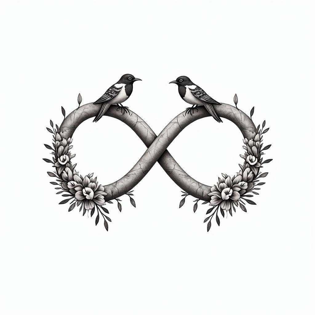 Infinity loop with the names Haley, Gabby, Kal-El & Arthur. Add flowers, 2 birds and color.in minimalist style tattoo, featuring simple shapes and fine lines, with minimal shading and details, tiny triangles, creating a sense of balance and harmony - Variation 8