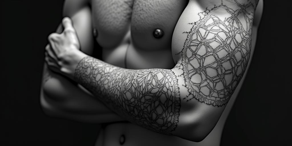 Greek mythology statue of Asclepius and Thanatos. in geometric style tattoo, blending hexagons, mandala-inspired patterns, symmetrical and fractal design, clean lines, sharp angles - Variation 1
