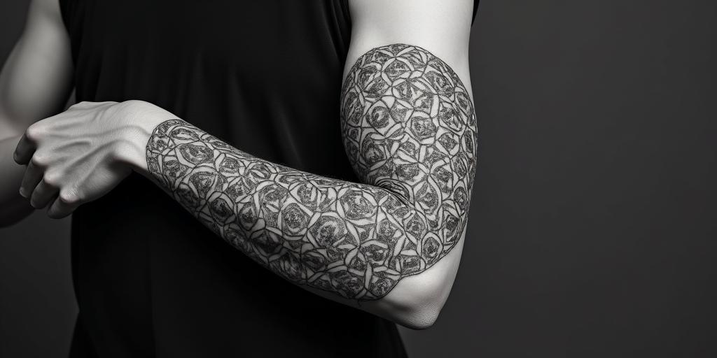 Greek mythology statue of Asclepius and Thanatos. in geometric style tattoo, blending hexagons, mandala-inspired patterns, symmetrical and fractal design, clean lines, sharp angles - Variation 3