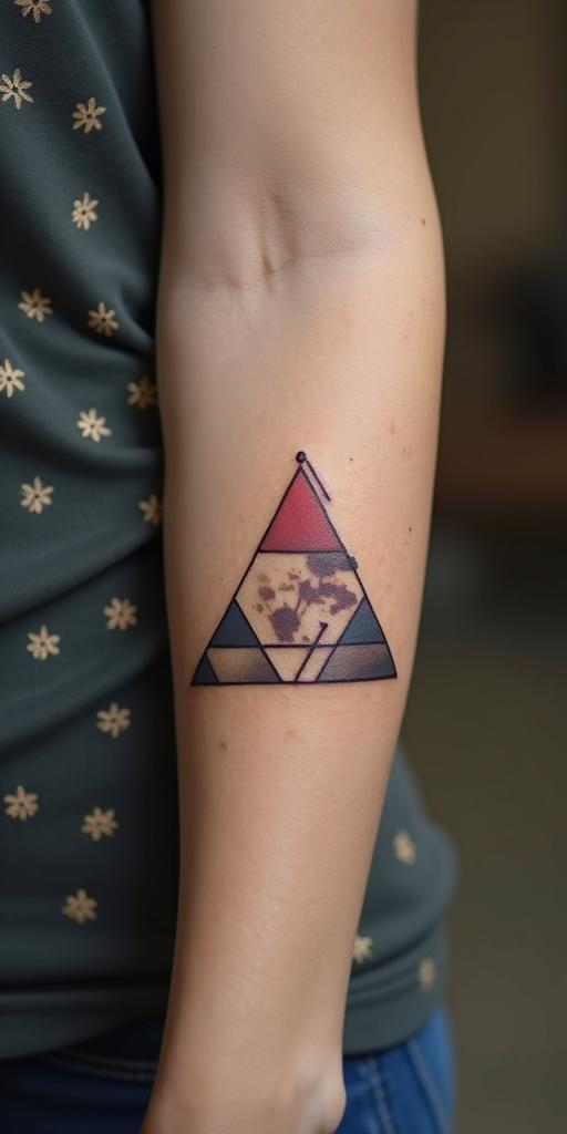 A tattoo that expresses the struggle to be better every day.in minimalist style tattoo, featuring simple shapes and fine lines, with minimal shading and details, tiny triangles, creating a sense of balance and harmony - Variation 5