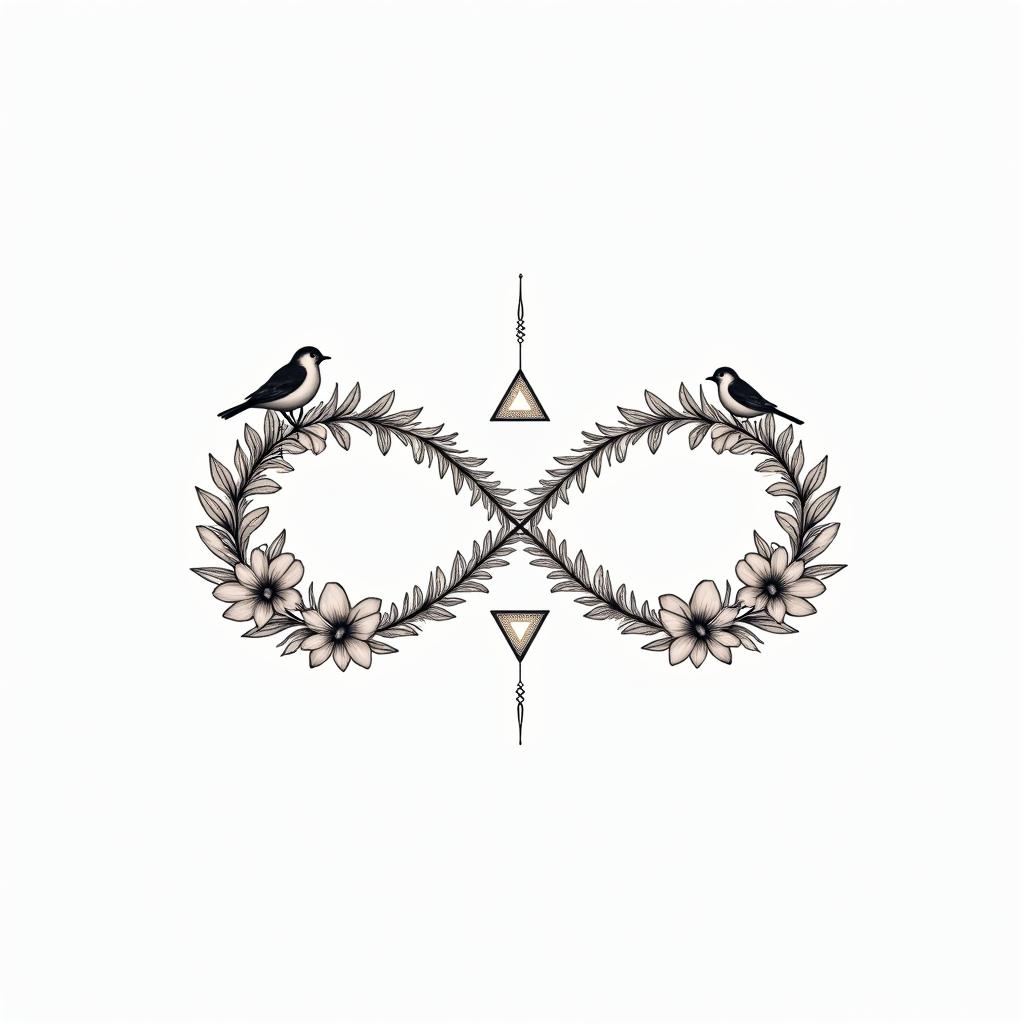 Infinity loop with the names Haley, Gabby, Kal-El & Arthur. Add flowers, 2 birds and color.in minimalist style tattoo, featuring simple shapes and fine lines, with minimal shading and details, tiny triangles, creating a sense of balance and harmony